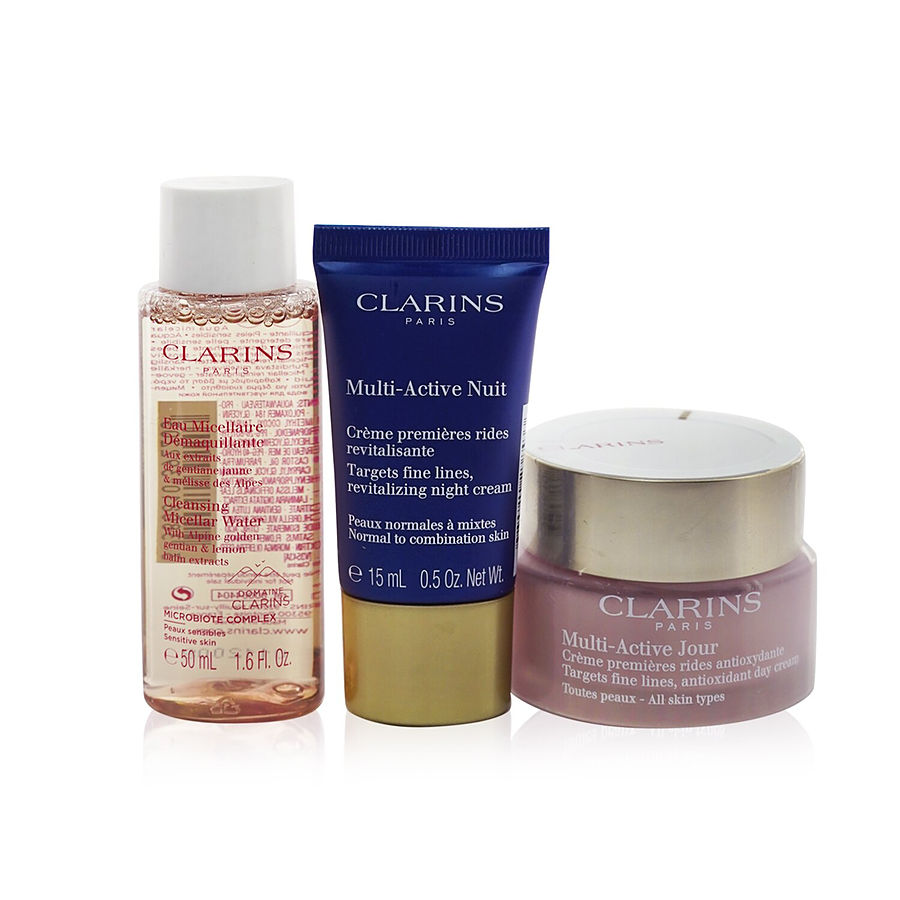 Clarins multiactive collection: day cream 50ml+ night cream 15ml+ cleansing micellar water 50ml+ bag 3pcs+1bag