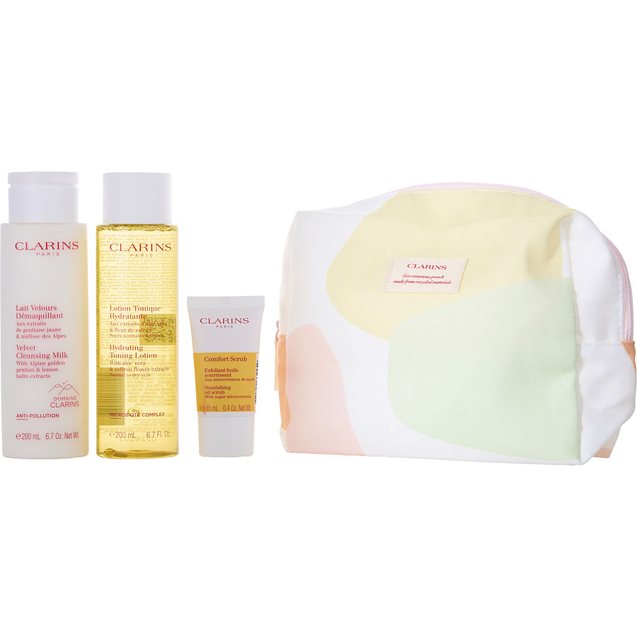 Clarins cleansing milk 200ml + toning lotion 200ml + comfort scrub 15ml -3pcs + bag