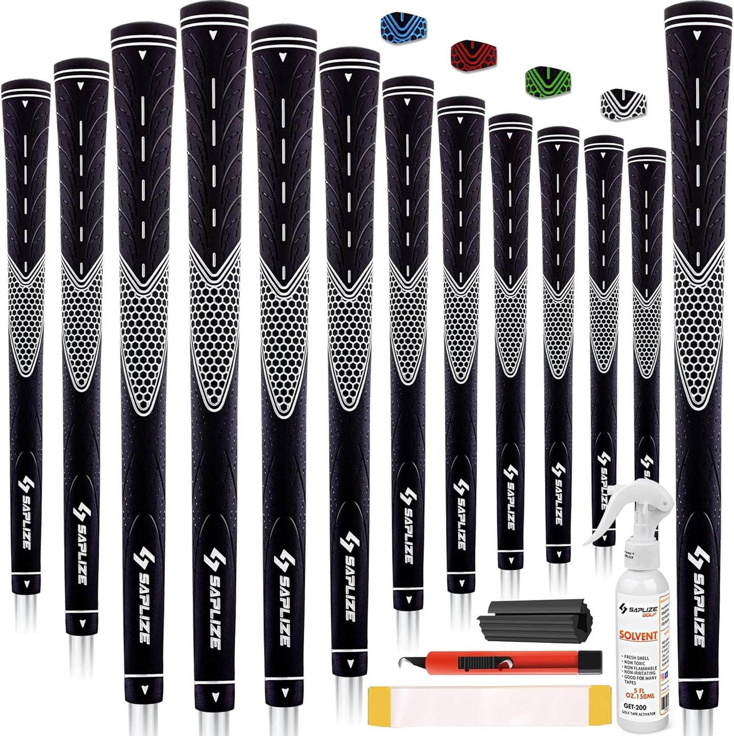 SAPLIZE Classic Rubber Golf Grips 13 Pack, High Feedback, Non-Slip, Choose from 13 Grips with 15 Tapes or 13 Grips with All Kits, Available in Under/Standard/Mid/Jumbo Sizes, CC01 Series