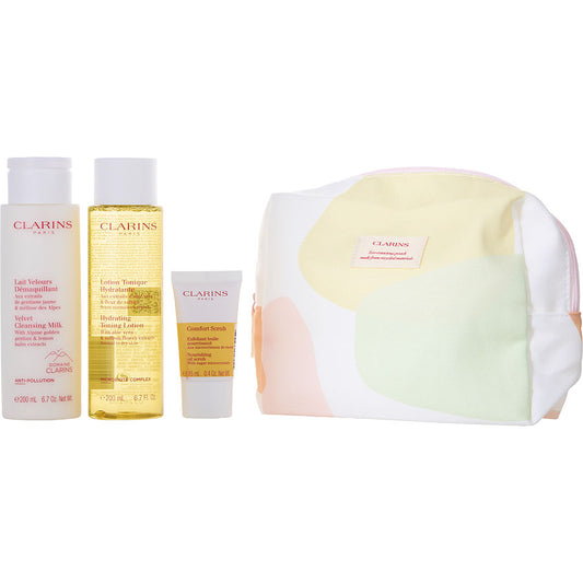 Clarins cleansing milk 200ml + toning lotion 200ml + comfort scrub 15ml -3pcs + bag