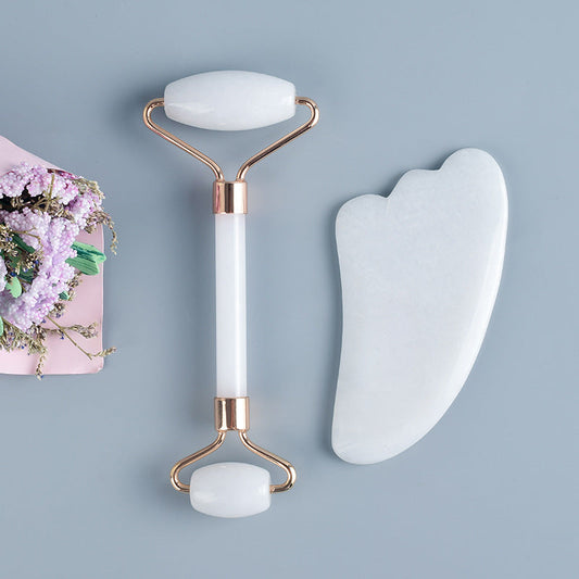 Jade Roller Gua Sha Set - Skin Care Set, Natural Beauty Skin Care Tools, Face Roller Massager for Face, Neck, and Eye Treatment(White)