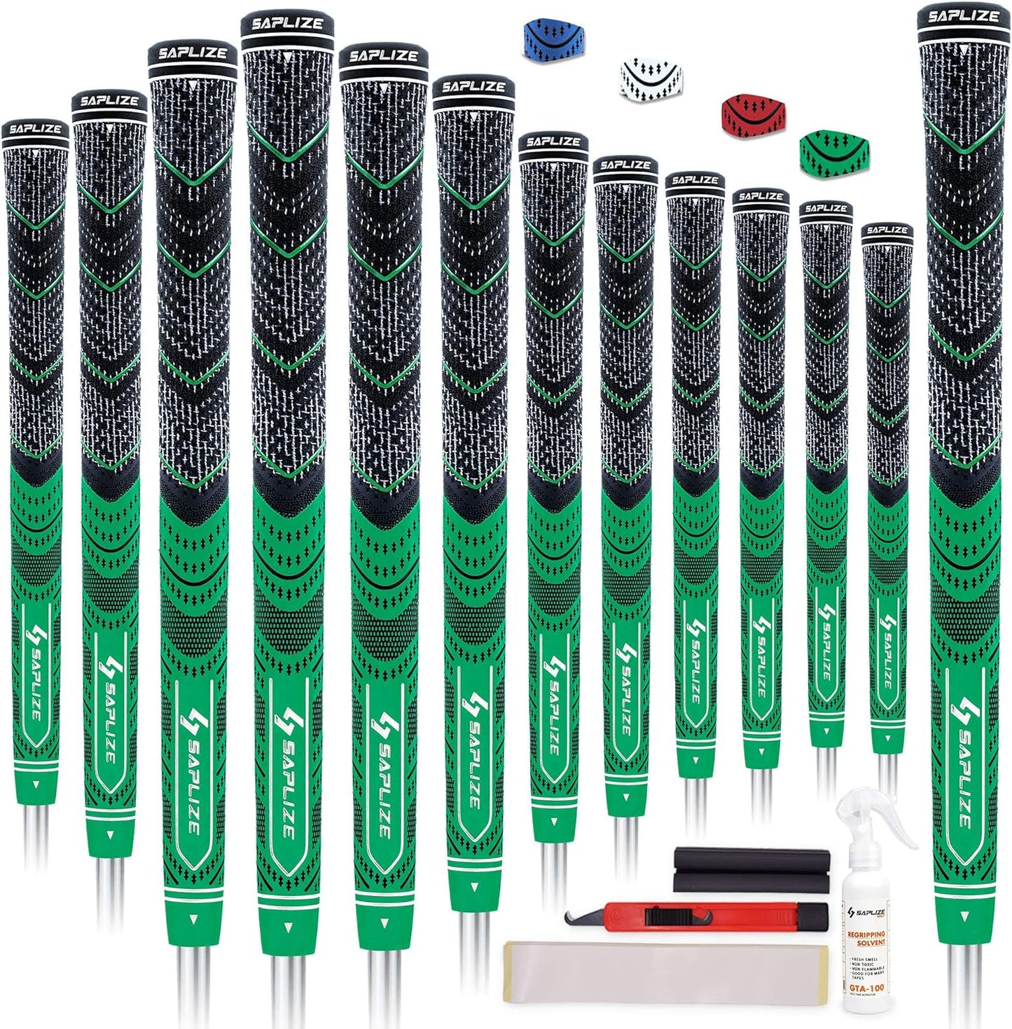 SAPLIZE 13 Golf Grips，4 Colors Available, with Tapes or with Sovlent Kit, Compound Hybrid Rubber Golf Club Grips, Standard/Midsize