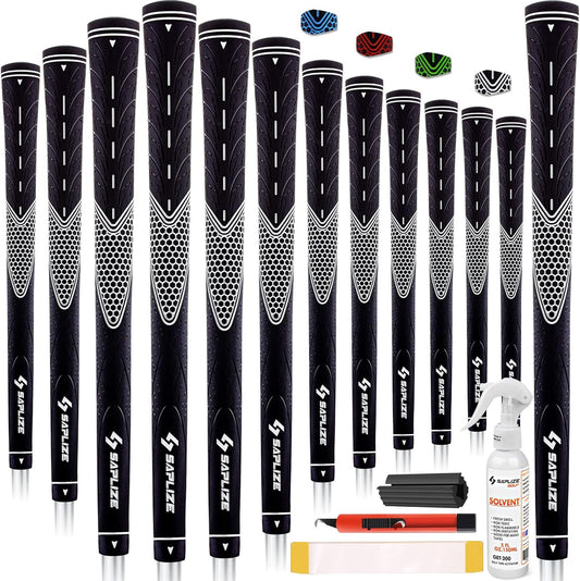 SAPLIZE Classic Rubber Golf Grips 13 Pack, High Feedback, Non-Slip, Choose from 13 Grips with 15 Tapes or 13 Grips with All Kits, Available in Under/Standard/Mid/Jumbo Sizes, CC01 Series