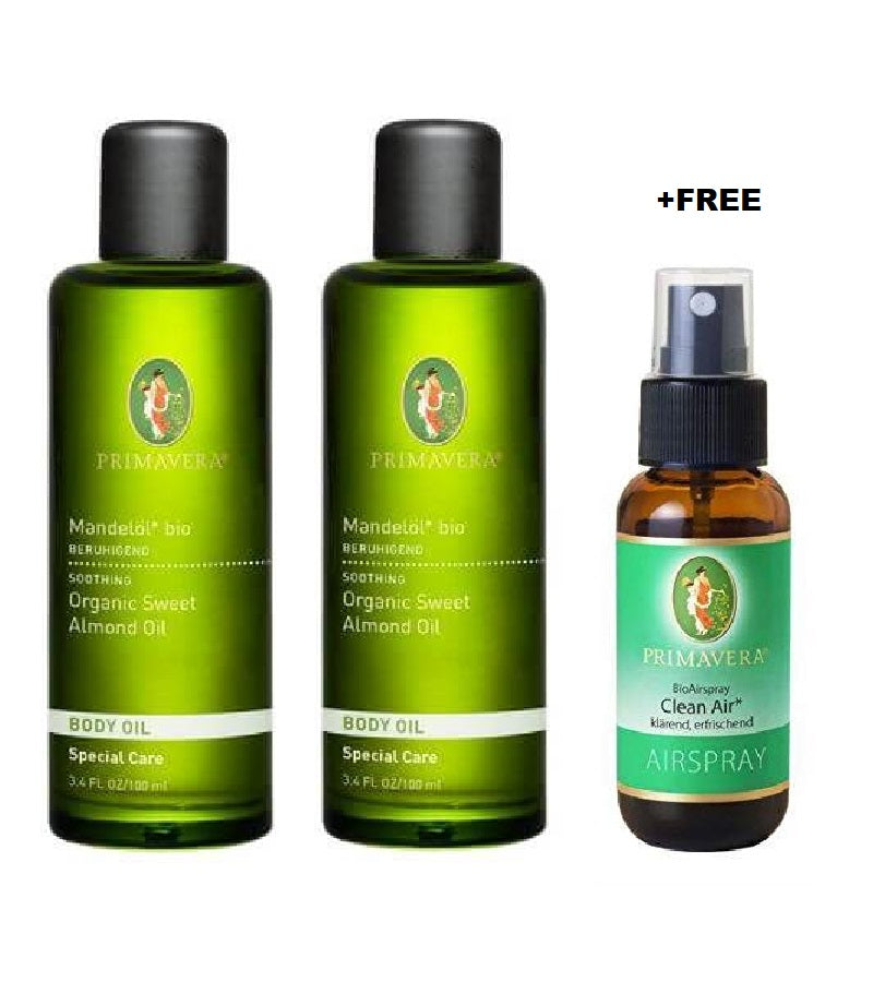 2xPack PRIMAVERA Organic Almond Oil - 200 ml +FREE Primavera Airspray Clean Air *Organic (Anti-Smoke) 30 ml