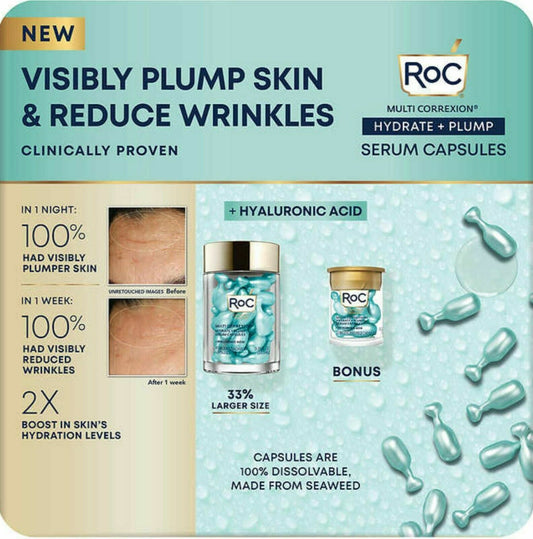 RoC Multi Correxion Hydrate + Plump Night Serum Capsules, Hyaluronic Acid, 40+10